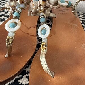 Gold and Blue Embellished Italian leather Sandals